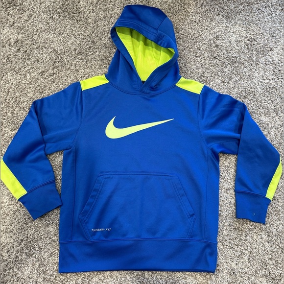 Nike Therma-Fit Blue and Neon Green Kids Hoodie - Picture 1 of 3